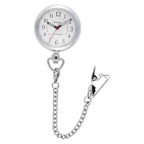 [Kiitos]ナースウォッチ ソーラー 3way 電池交換不要 おしゃれ かわいい 懐中時計 蓄光針 クリップ チェーン 看護師 脈拍メモリ 見やすい 20代 30代 40代 1年間のメーカー保証付 (Silver)